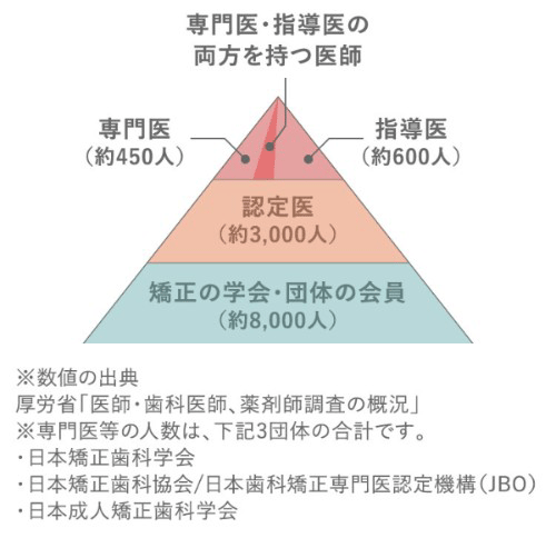 専門医・指導医両方の資格をもつ歯科医師は矯正歯科学会1万人以上の中のごくわずか。出展:厚生労働省「医師・歯科医師、薬剤師調査の概況」